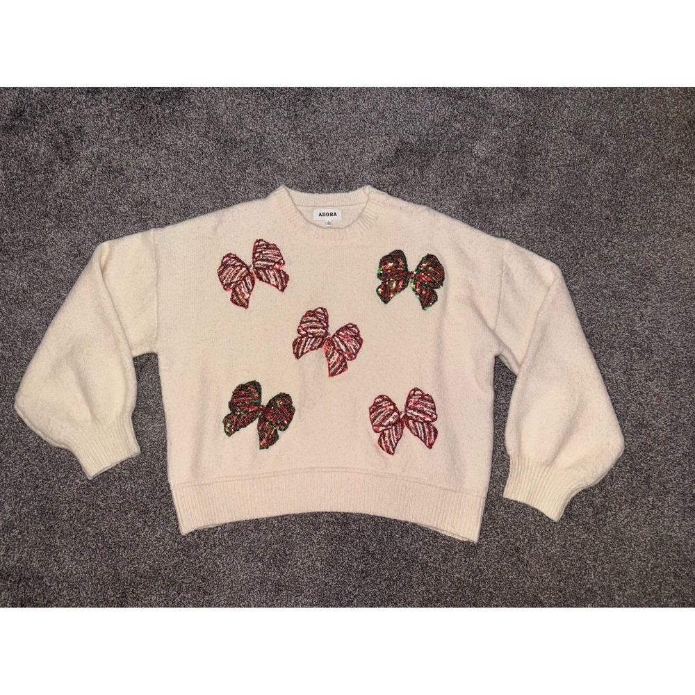Adora Women's Cream Sweater w/ Green and Red Sequin Christmas Bows - Small